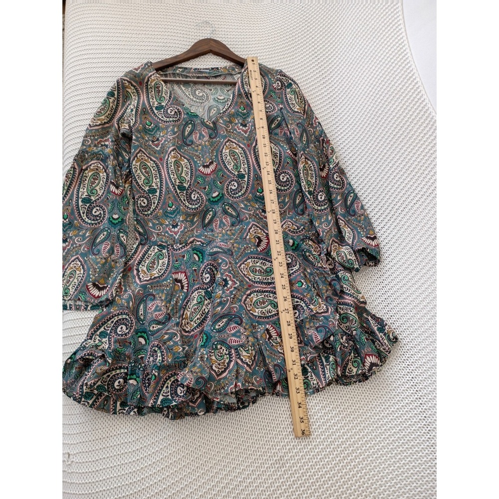 Just Paul Paisley Boho Mini Dress Teal V-Neck Bell Sv Ruffle Hem Poland Made - Picture 5 of 11